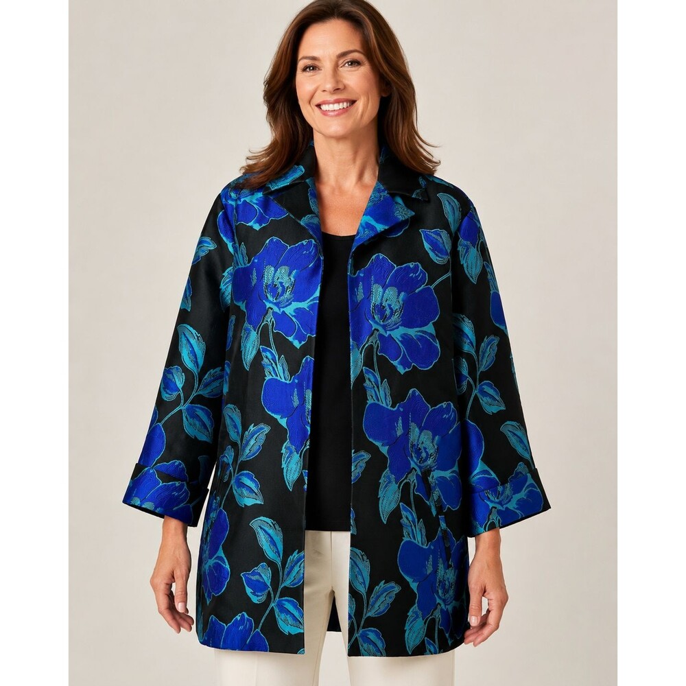 Chico’s Floral Jacquard Jacket Black Blue Teal Size 3 US XL NWT